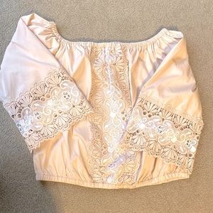 Express off the shoulder, blush with ivory /blush lace fluted sleeve blouse